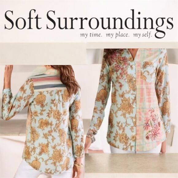 Soft Surroundings Boho Long Line Embroidered Floral‎ Cotton Shirt Tunic Size L - Picture 1 of 8